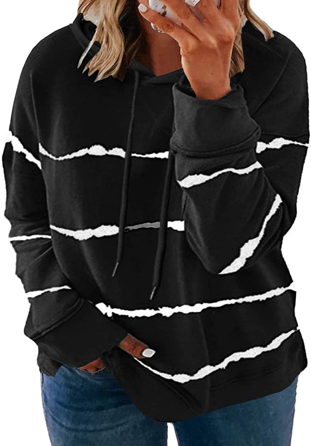 Eytino Women Plus Size Hoodies Sweatshirts Long Sleeve Colorblock  Drawstring Hooded Tops(1X-5X)