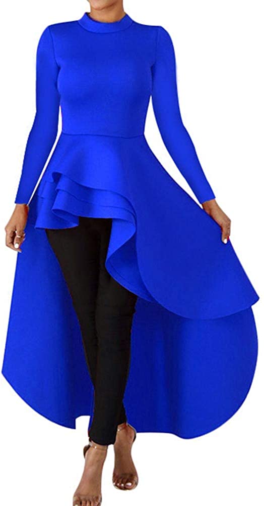 Fashion Elegant Asymmetrical Irregular Hem Ruffle Peplum Top Tunics Maxi Shirt Dress Womens High Low Dress 