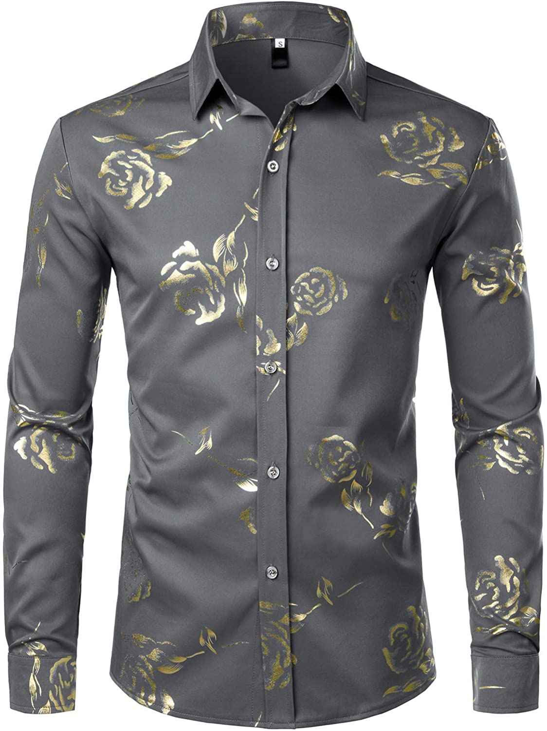 PARKLEES Mens Hipster Gold Rose Printed Slim Fit Long Sleeve Dress Shirts/Prom Performing Shirts 