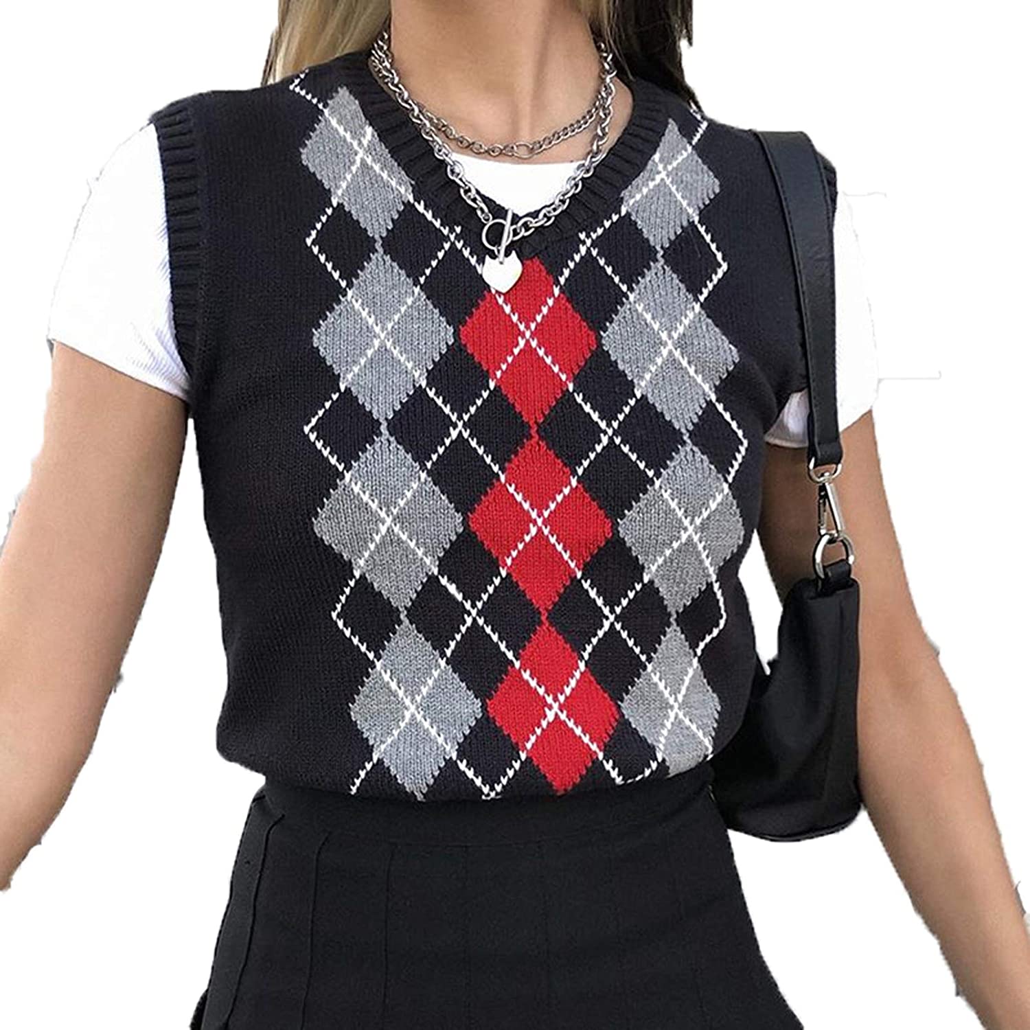 Women's Geometric Argyle Sweater Vest Y2k 90s E-Girls Preppy Style Tank  Tops Sle