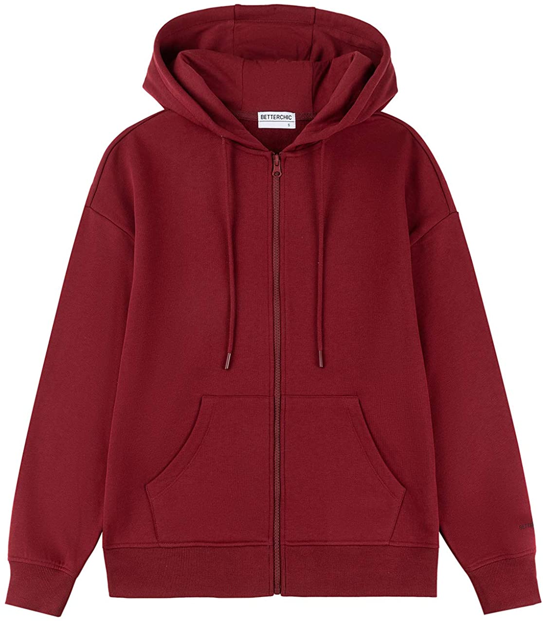 BETTERCHIC Women's Hooded Sweatshirt Casual Soft Brushed Fleece Hoody Drop Shoulder Full Zip Up Hoodie Size S-2XL 