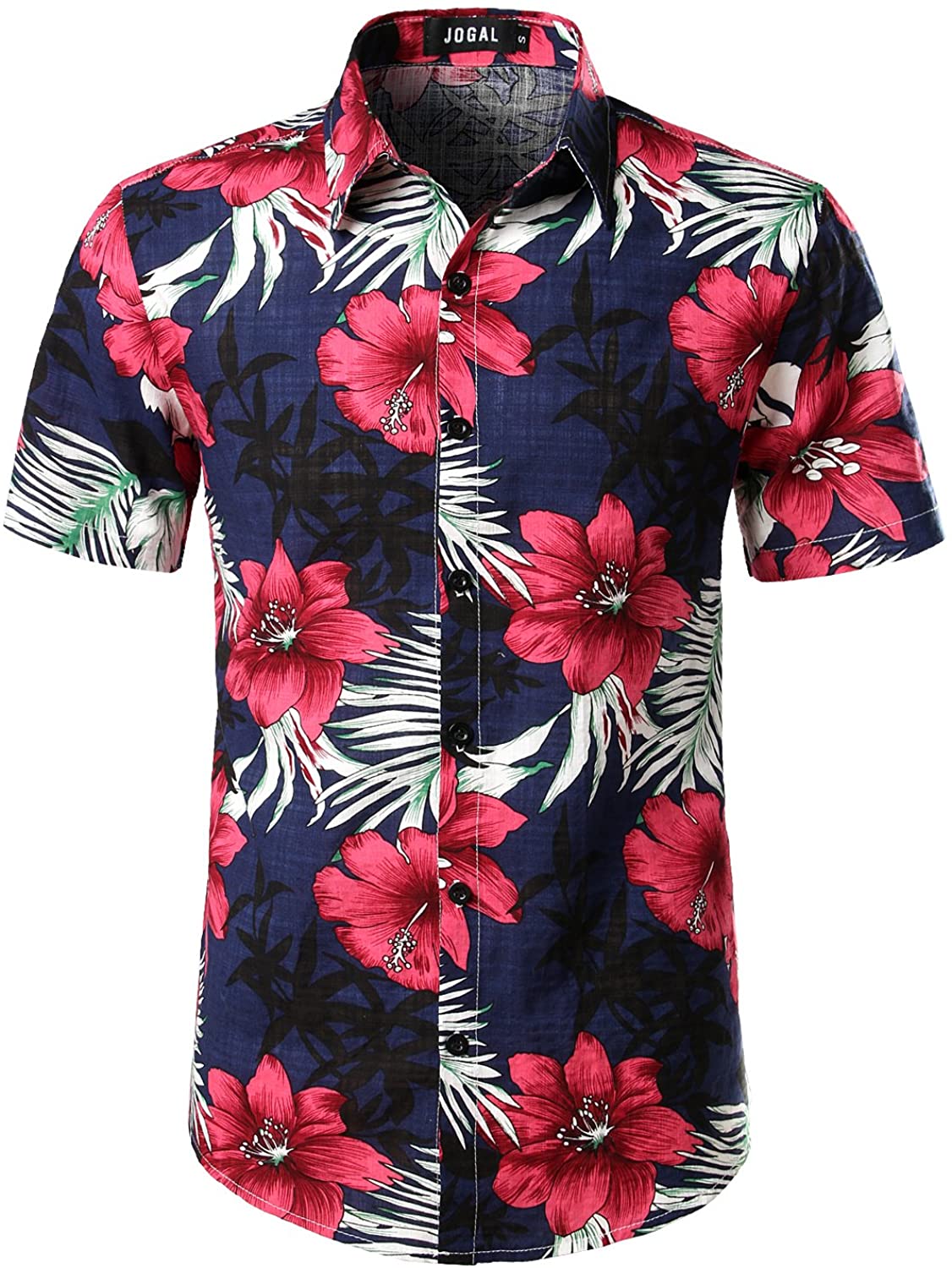 JOGAL Mens Flower Cotton Button Down Short Sleeve Hawaiian Shirt 