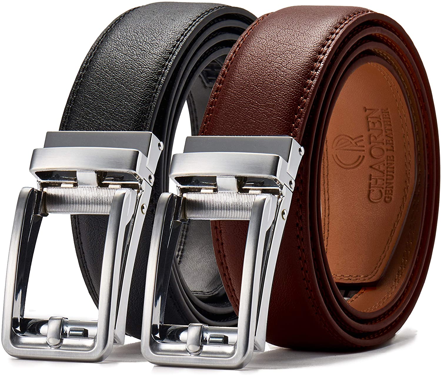 Leather Ratchet Dress Belt 2 Pack 1 3/8 Chaoren Click Adjustable Belt Comfort with Slide Buckle Trim to Exact Fit