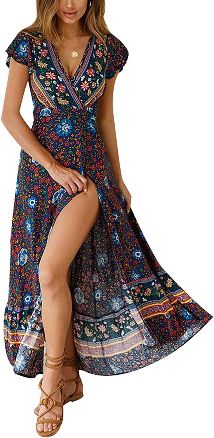 TEMOFON Women's Wrap Dresses Bohemian Floral Printed Summer Casual Short  Sleeve V-Neck High Split Maxi Dress Purple 2XL at  Women's Clothing  store