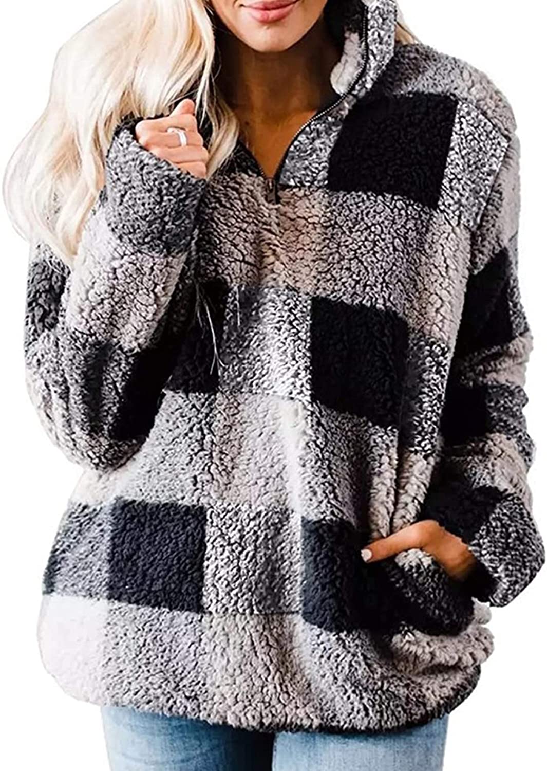 Angashion Women's Long Sleeve 1/4 Zip Up Lapel Fleece Sweatshirt Warm Plaid Fluffy Hoodies Pullover