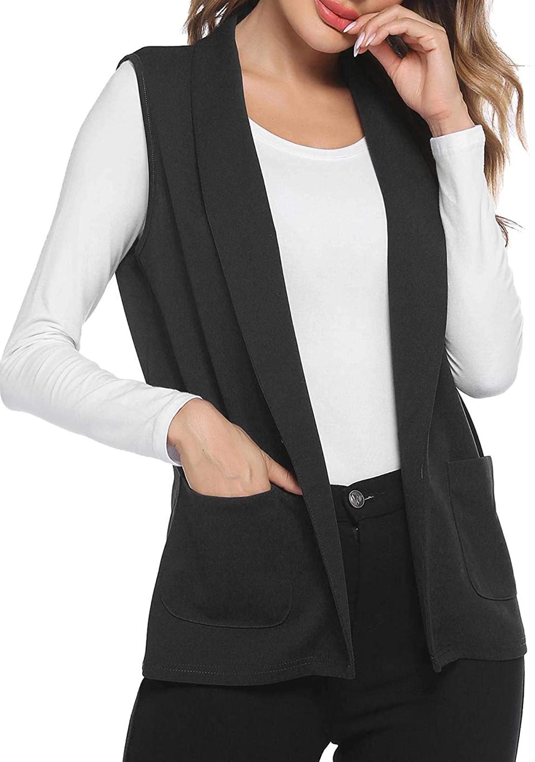 Dealwell Womens Sleeveless Vest Casual Open Front Cardigan Blazer with Pockets