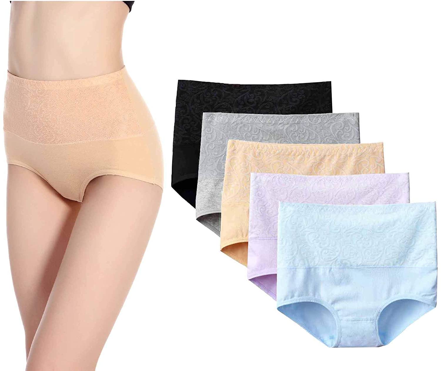 ASIMOON High Waisted Underwear for Women Tummy Control Cotton Plus Size  Full Coverage Panties No Muffin Top Ladies Briefs