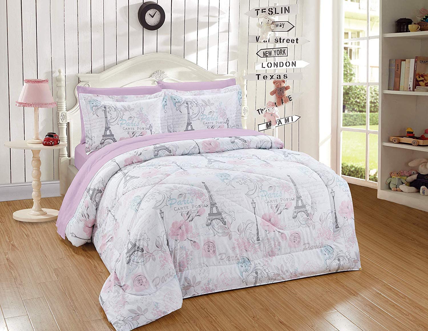 NEW FREE GRAY/PINK TEENS GIRLS Reversible Comforter SET 5 PCS QUEEN/FULL SIZE 