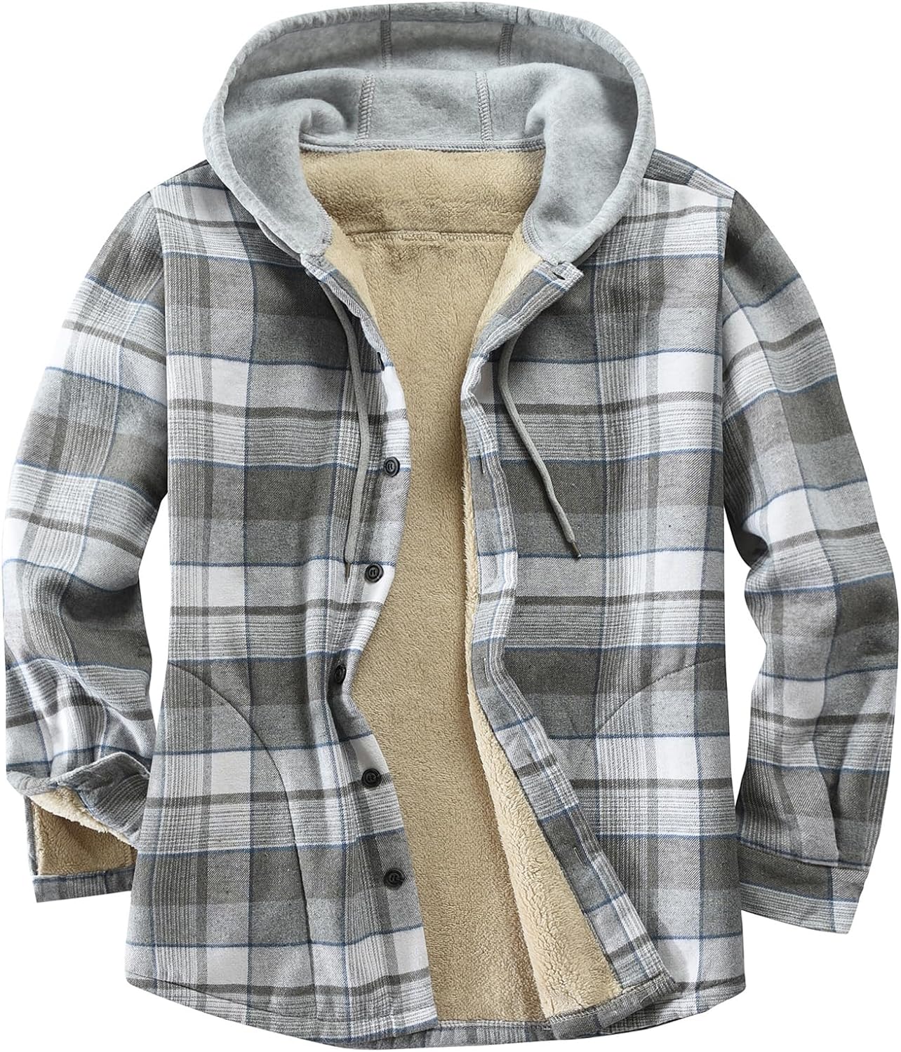 Derbars Men's Cotton Plaid Shirts Jacket Fleece Lined Flannel Shirts Sherpa  Button Down Jackets with Hood for Men