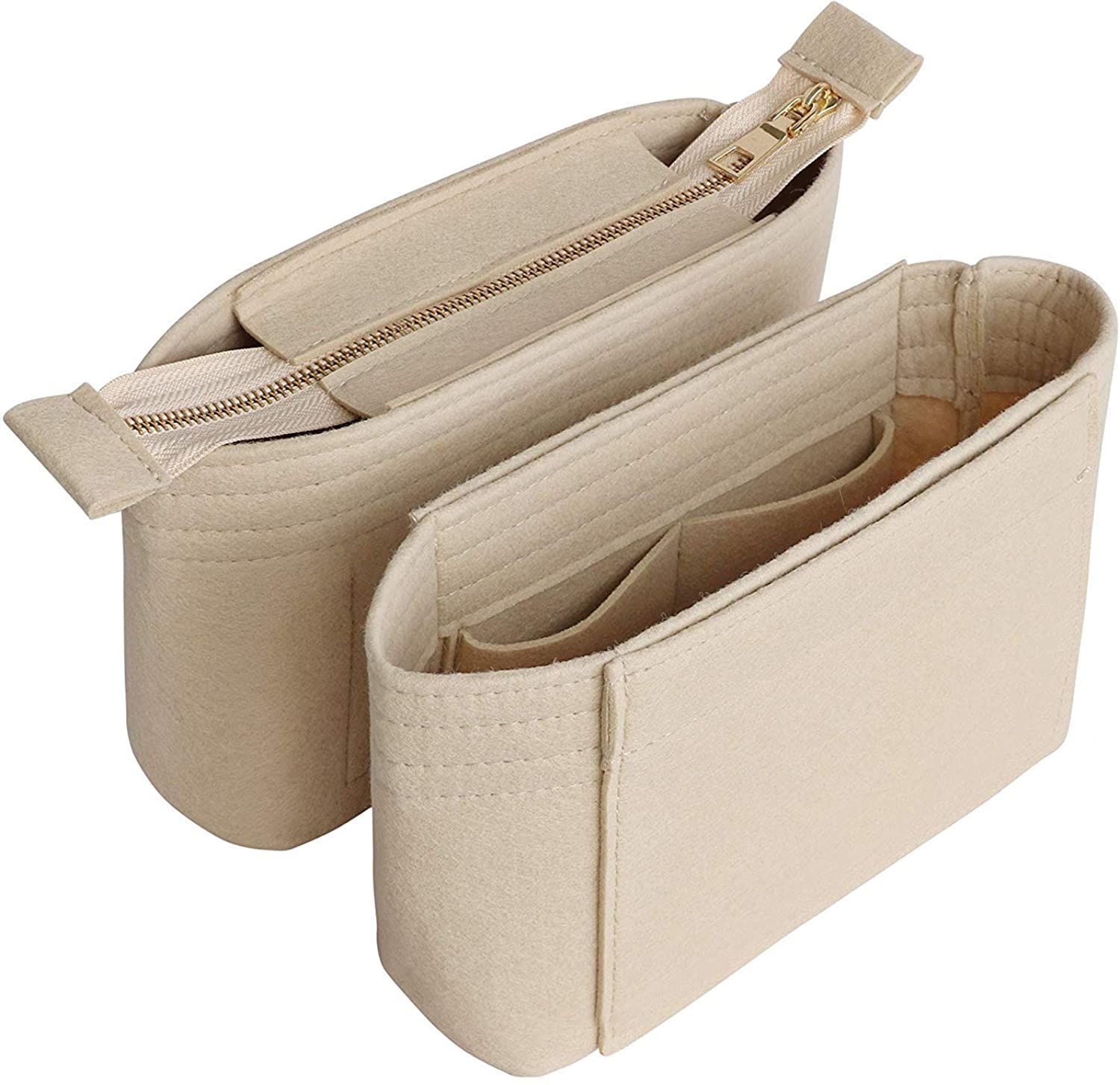 HyFanStr Purse Organizer Insert with Zipped Top for Tote Bag Handbag Shaper with 13 Pockets Beige XS 