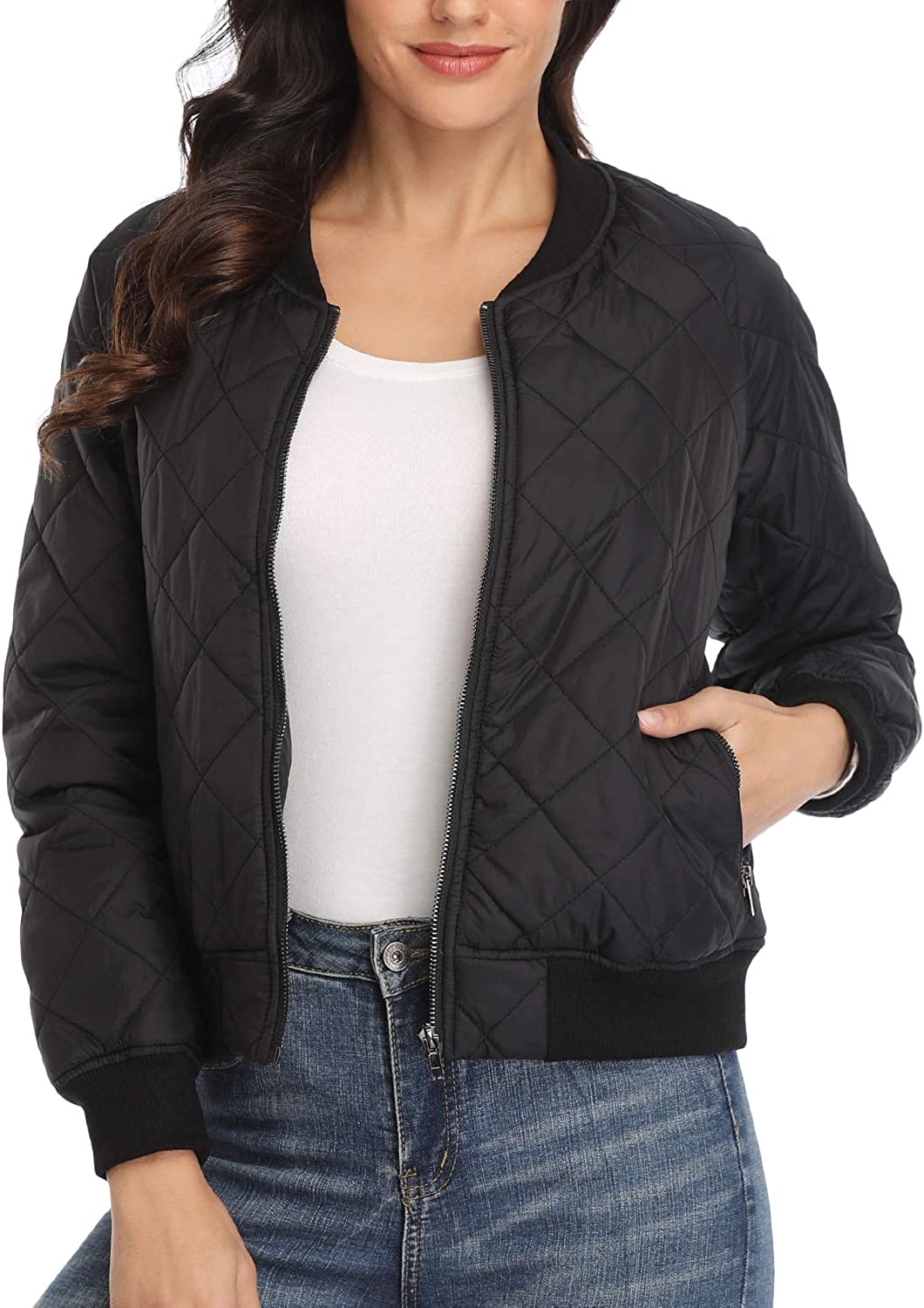 Dilgul Womens Quilted Jacket Lightweight Long Sleeves Zip Up Raglan Bomber Jackets with Pockets