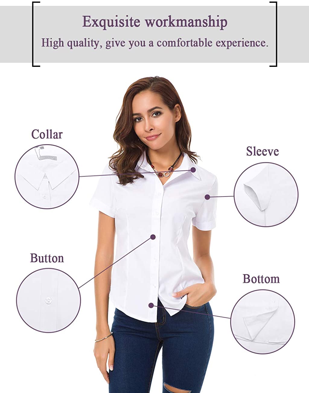 Atnlewhi White Button Down Shirt Womens Light Short Sleeve Blouse For