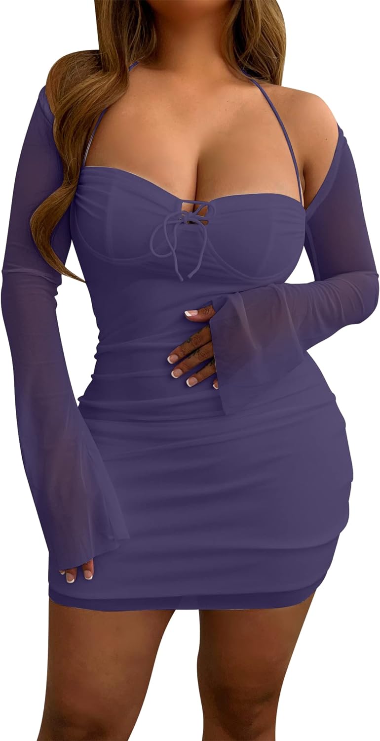  Zebaexf Women's Mesh Dress Long Puff Sleeve Mini Bodycon Party  Clubwear for Women S : Clothing, Shoes & Jewelry