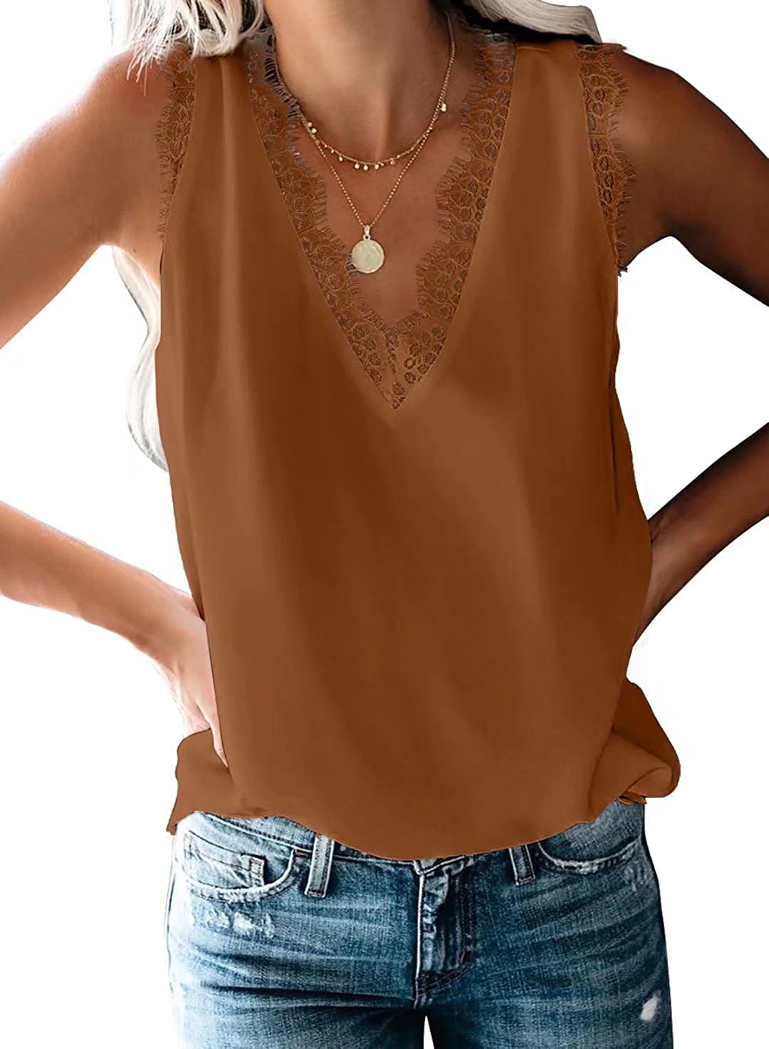 BLENCOT Women Lace Trim Tank Tops V Neck Fashion Casual Sleeveless Blouse  Vest Shirts