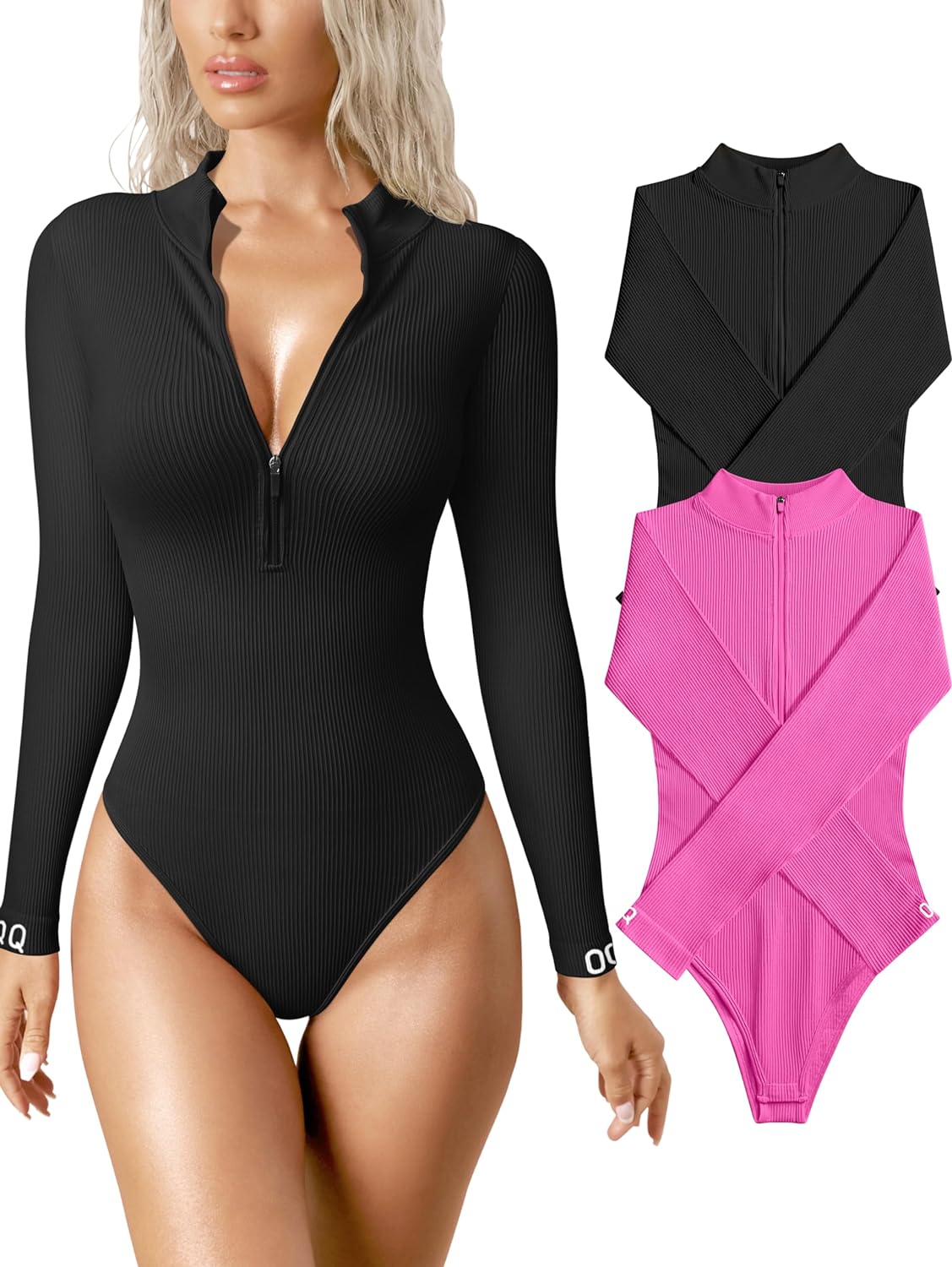 OQQ Women's 2 Piece Bodysuits Sexy Ribbed One Piece Zip Front Long