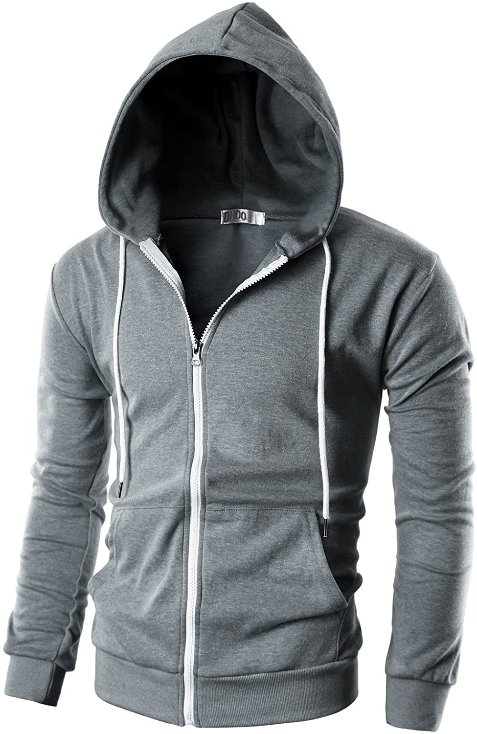 Ohoo Mens 100% Cotton Hoodie - Two Way Zipper Slim Fit Wide Hood