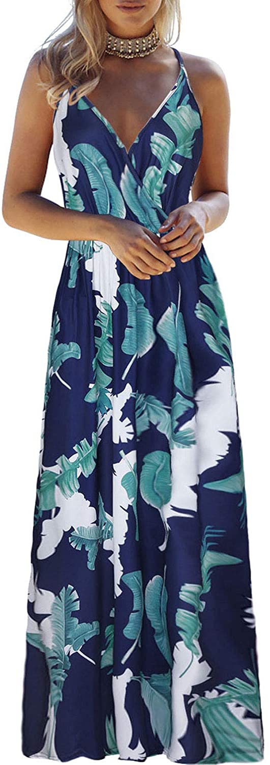 OUGES Womens Deep V Neck Floral Beach Maxi Dress