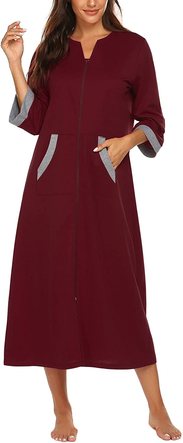 Ekouaer Women Zipper Robe 3/4 Sleeves Loungewear Full Length Sleepwear Pockets H | eBay