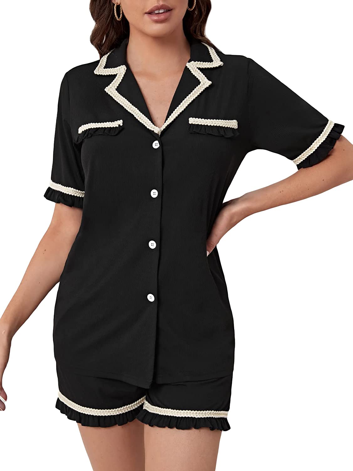 WDIRARA Women's 2 Piece Sleepwear Striped Satin Short Sleeve Shirt