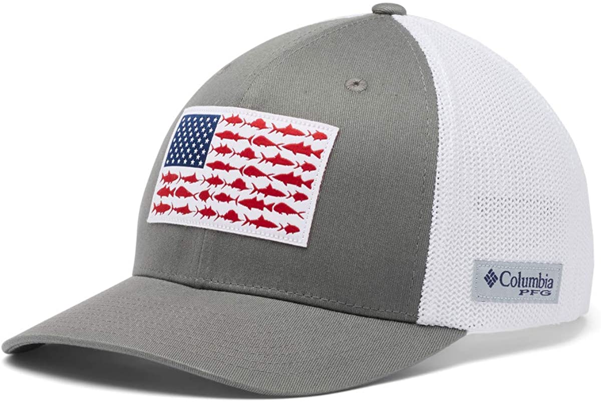 White Columbia PFG Fish Flag Mesh Snap Back Ball Cap in Red Sparks Carbon OSFA 
