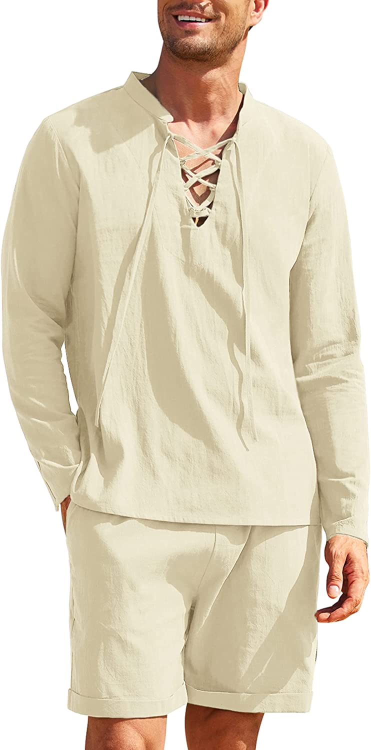 COOFANDY Men's 2 Piece Linen Sets Long Sleeve Button Down Shirt