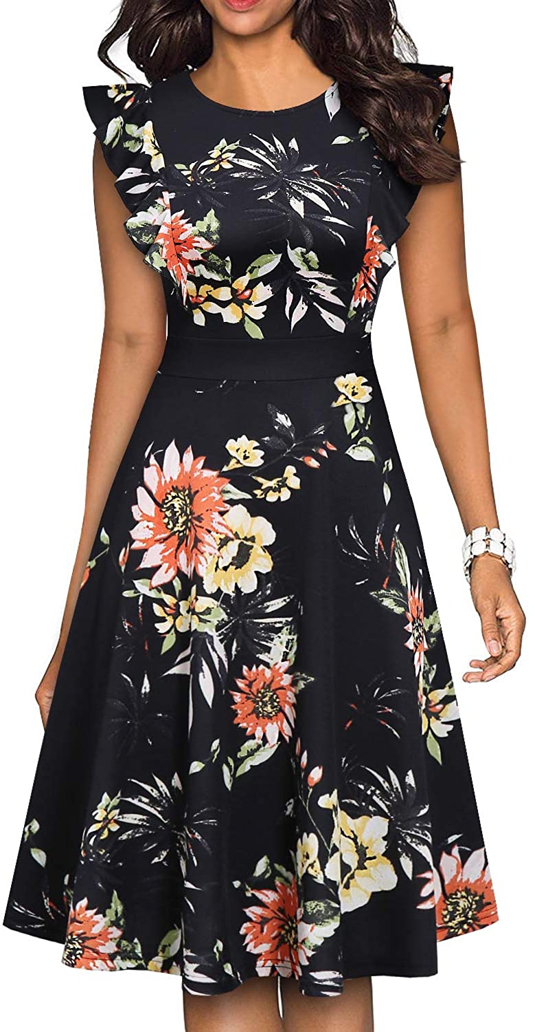 Women's Formal Dress Vintage Ruffle Sleeves Floral Print Flared A Line Swing Casual Cocktail Party Dresses With Pockets 
