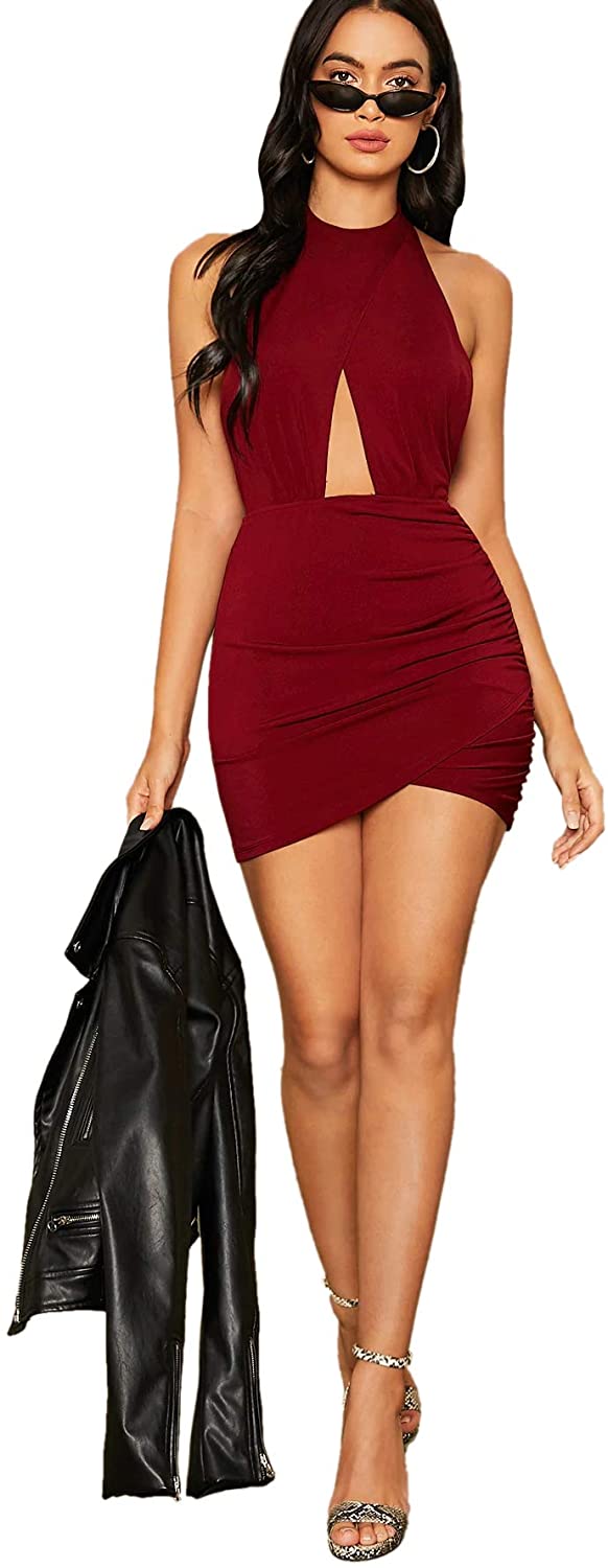 Shein Womens Sexy Halter Ruched Bodycon Backless Wrap Party Cocktail