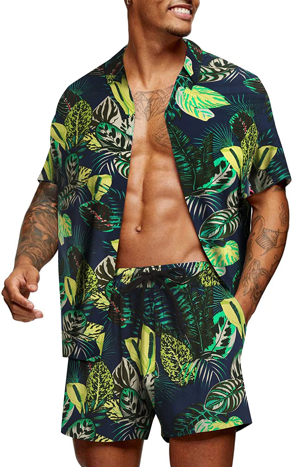 COOFANDY Men's Flower Shirt Hawaiian Sets Casual Button Down Short ...