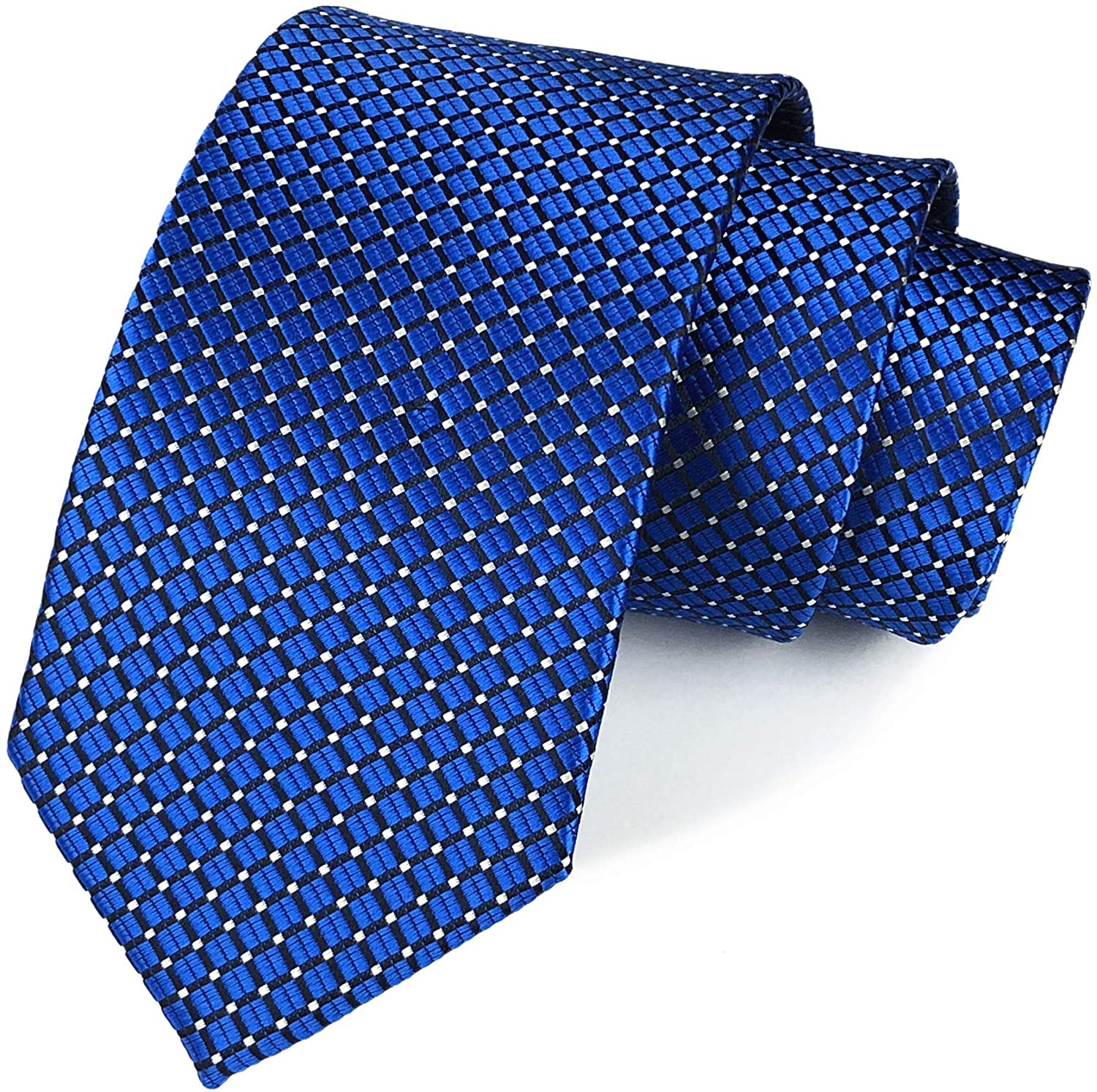Secdtie Mens Classic Checks Dark Blue Grey Jacquard Woven Silk Tie Necktie