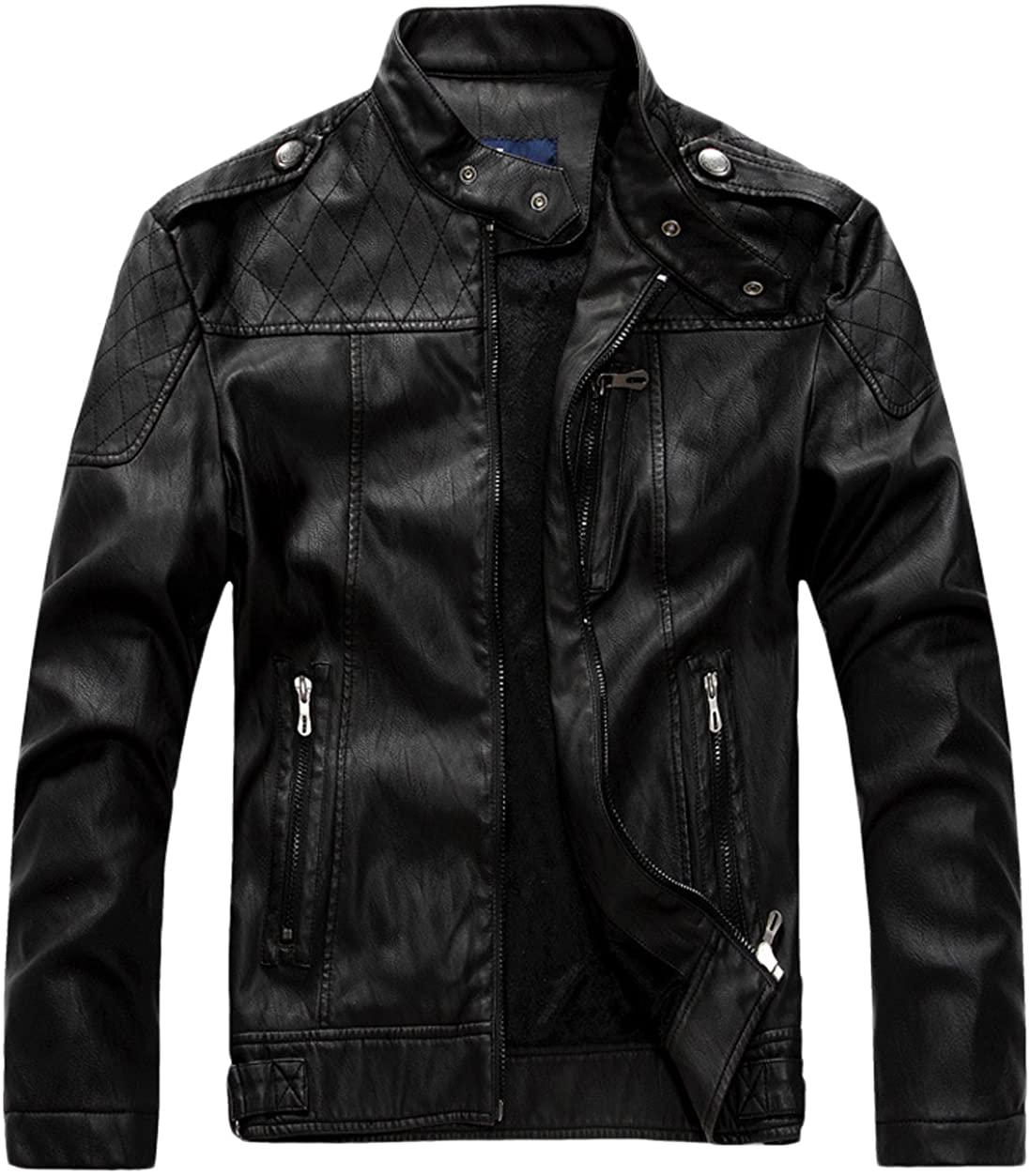 chouyatou Mens Vintage Stand Collar Zip-Front Rugged Pu Leather Jacket