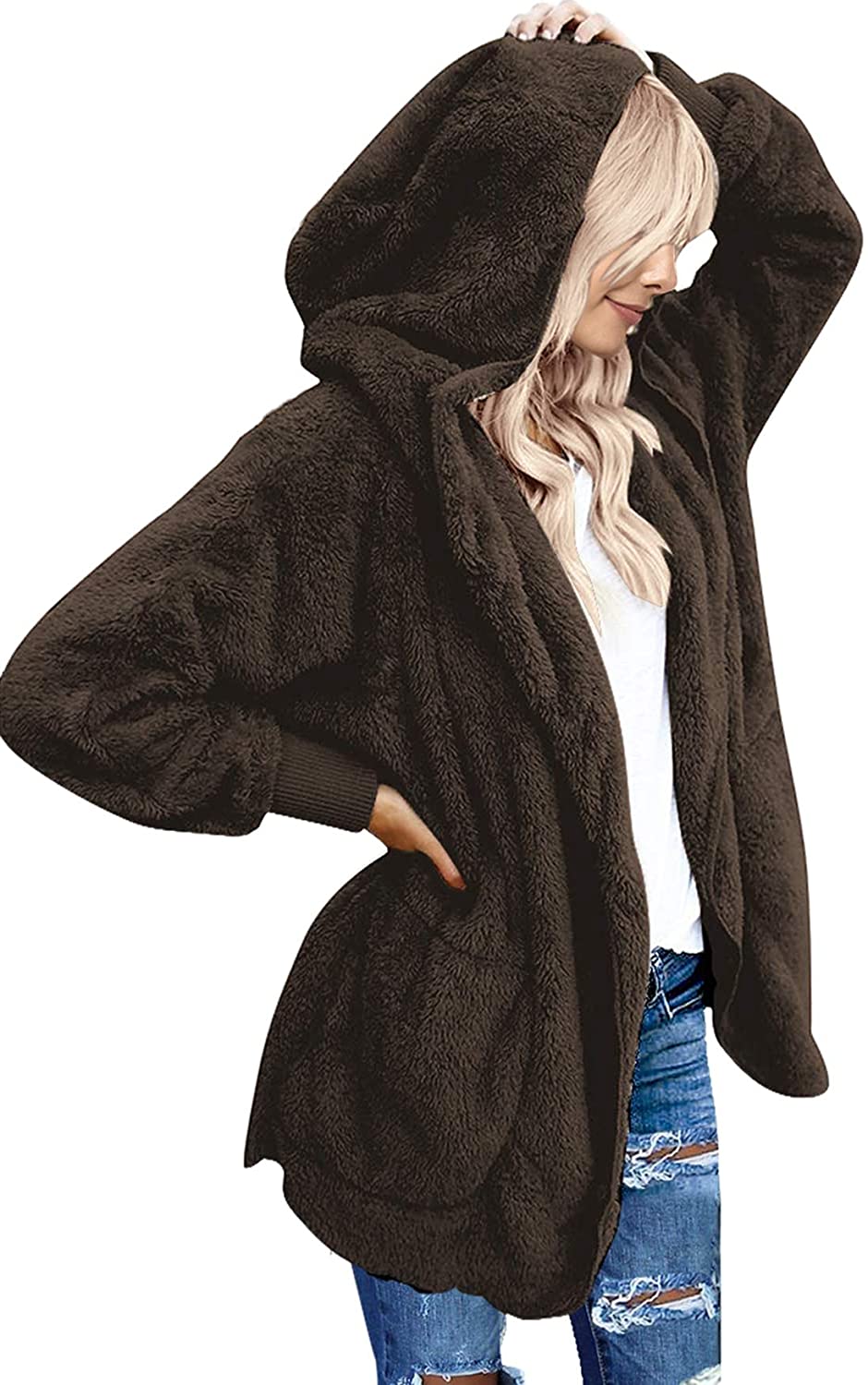 luvamia Women Fuzzy Fleece Open Front Pocket Hooded Cardigan Jacket Coat Outwear 