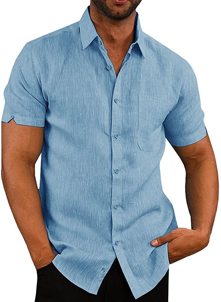 Pengfei Mens Long Sleeve Shirts Linen Cotton Button Down Fishing Tees  Spread Collar Plain Summer Shirts