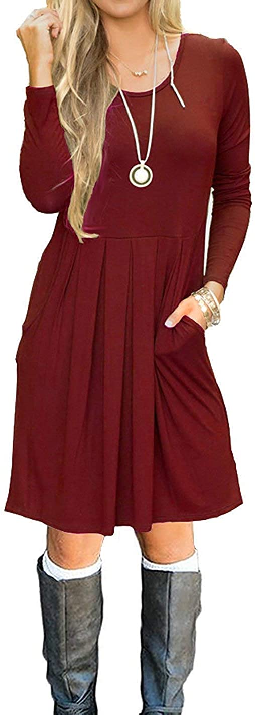 AUSELILY Women's Plus Size Round Neck Pleated Loose Swing Casual Dress with Pockets Knee Length