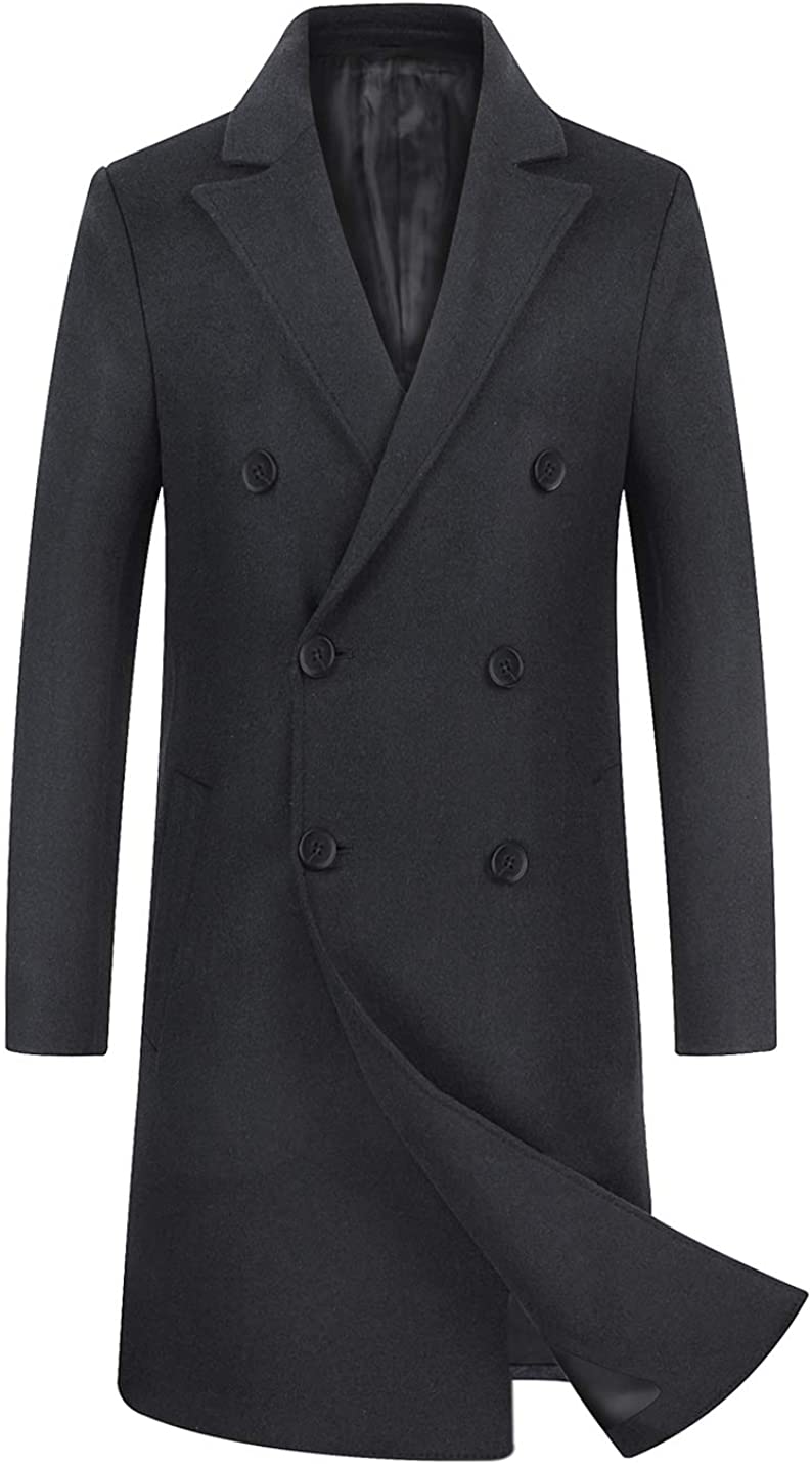ZHPUAT Men's Wool Overcoat Long Pea Coat Winter Trench Coat Slim