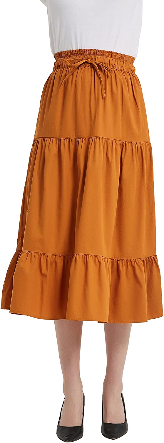 Tronjori Womens A Line Long Midi Denim Skirt Tired Pleated Layers Elastic Waist Front Drawstring 