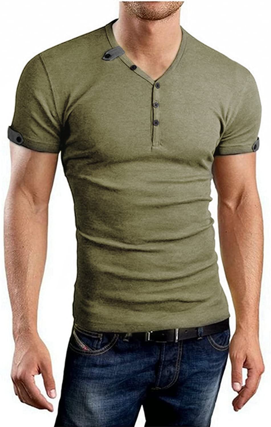Aiyino Men's Casual V-Neck Button Cuffs Cardigan Short Sleeve T-Shirts 