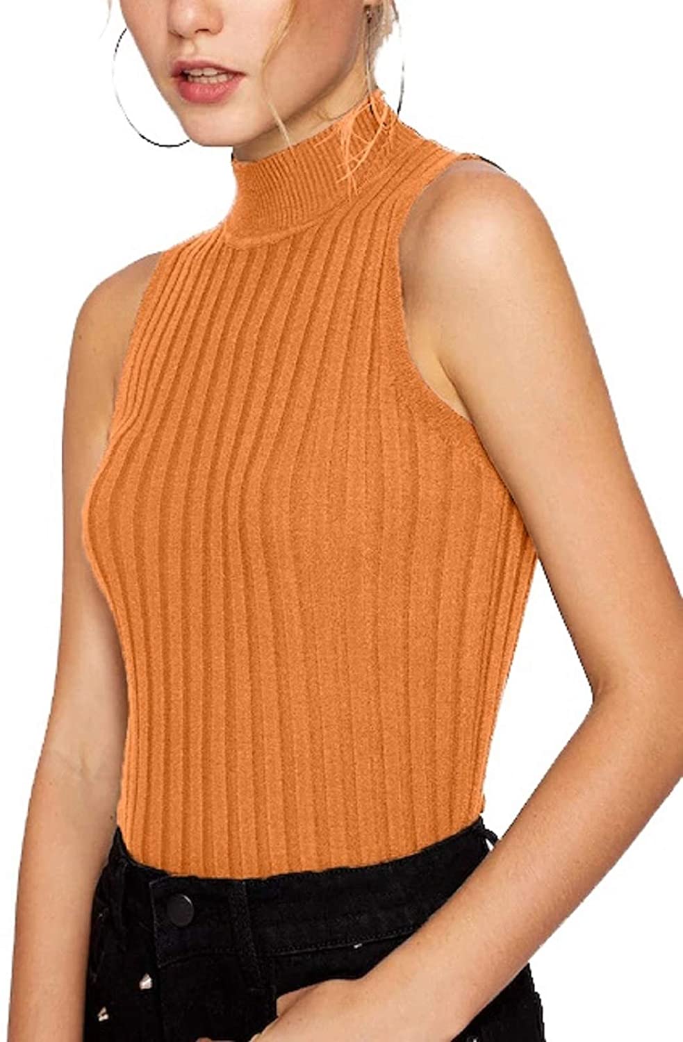 Nicetage Women's Mock Neck Sleeveless Slim Fit Ribbed Knit Tees T-Shirts  HS171-156-3Beige at  Women's Clothing store