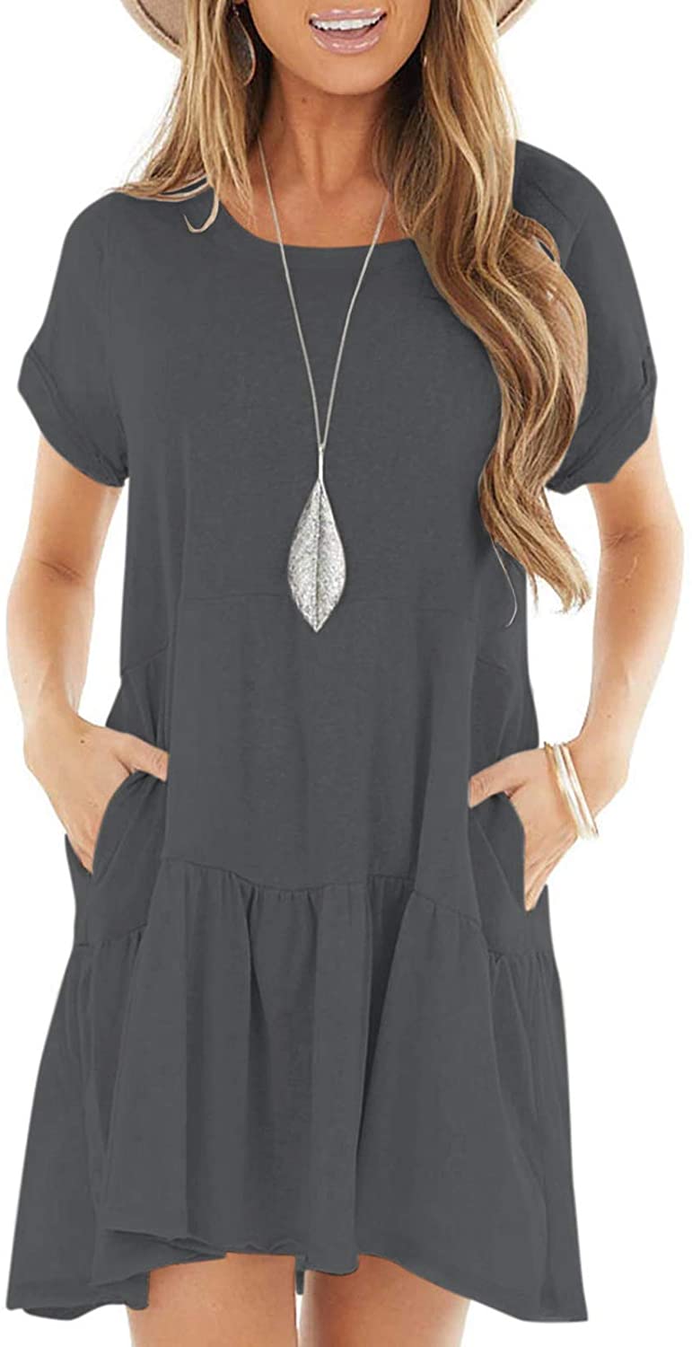 Women Short Sleeve Pocket Casual Plain Flexible Loose Ruffle Swing T-Shirt  Dress | eBay