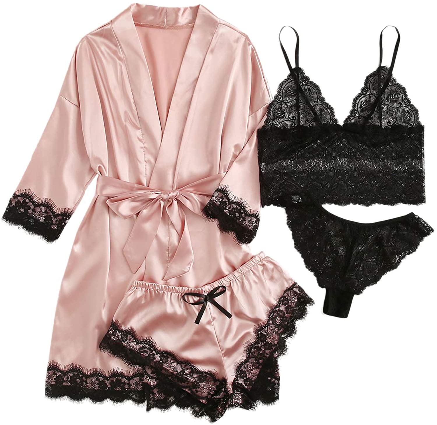 SOLY HUX Women's Sleepwear 4pcs Floral Lace Trim Satin Cami Pajama Set with  Robe