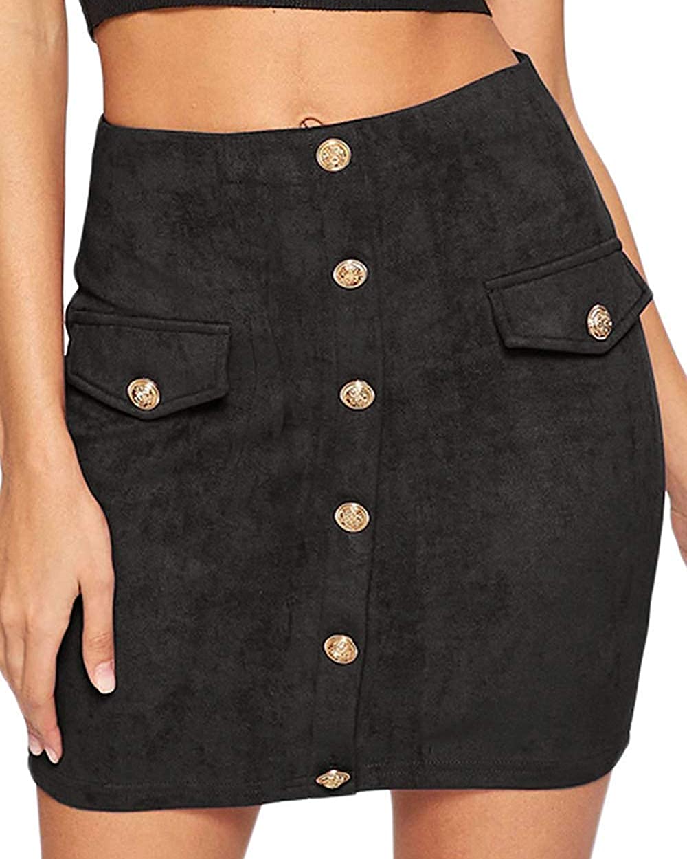 MANGOPOP Womens Button Front and Basic Faux Suede High Waist A-line Mini Pencil Skirt