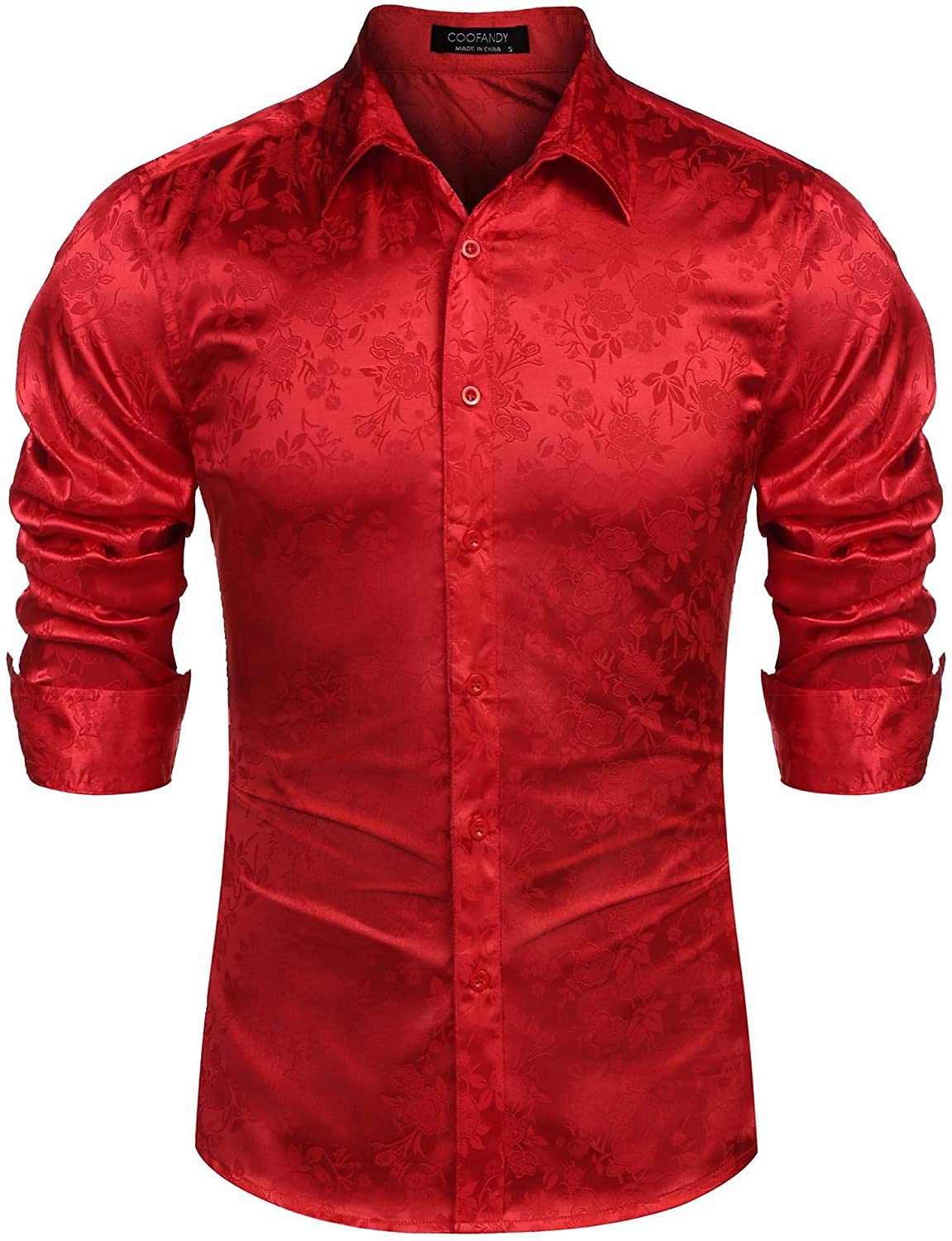 Mens Slim Fit Button Down Shirts Casual Rose Printed Tops Lapel Long Sleeve A310