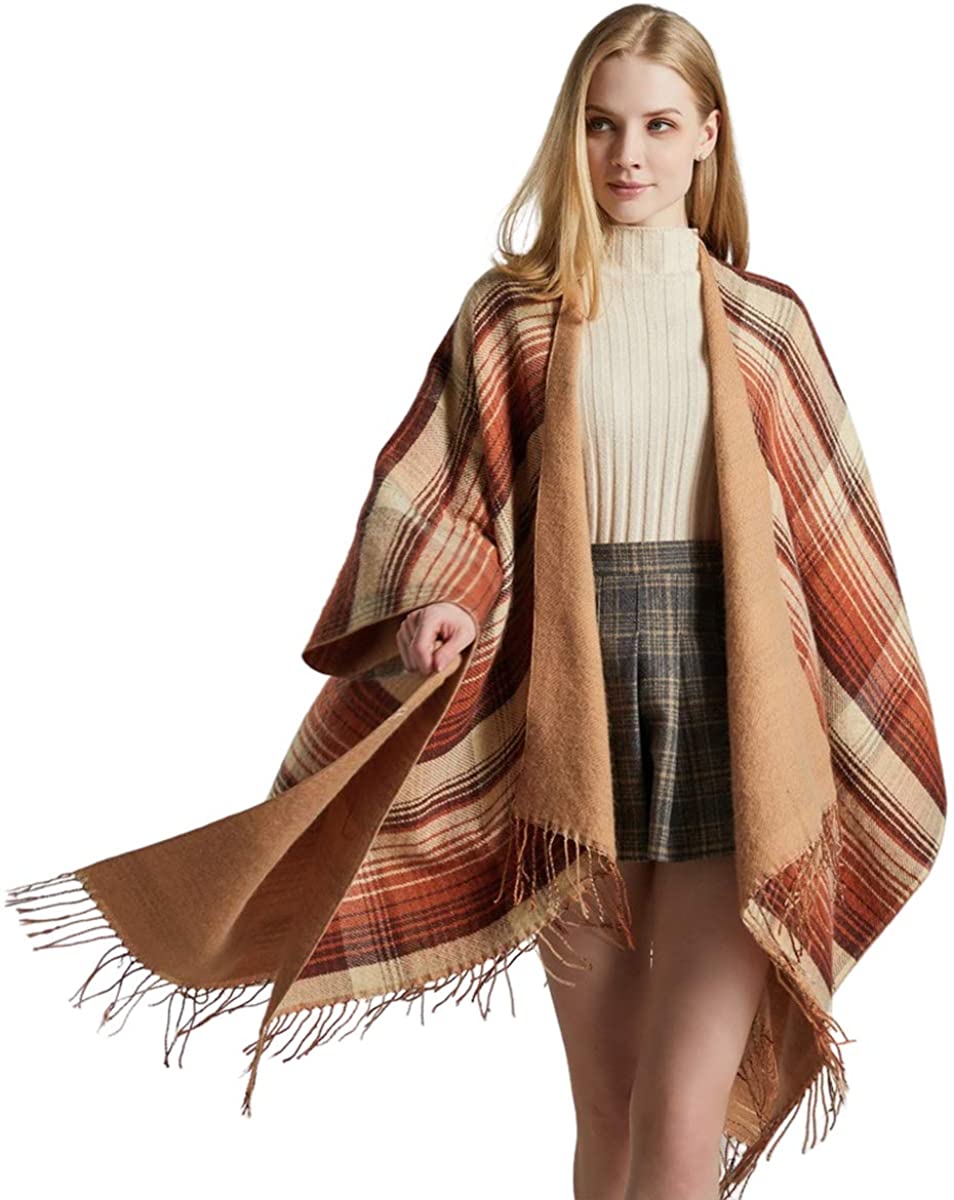 Yutdeng Women's Shawl Wrap Scarfs Poncho Cardigan Sweater Open Front for Fall Winter Plaid Sweater Poncho Cape Blanket Shawls and Wraps