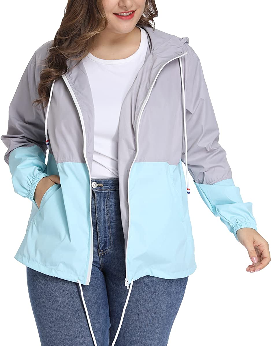 TULGRVE Womens Plus Size Rain Jacket Lightweight Rain Coat Outdoor Hooded Windbreaker