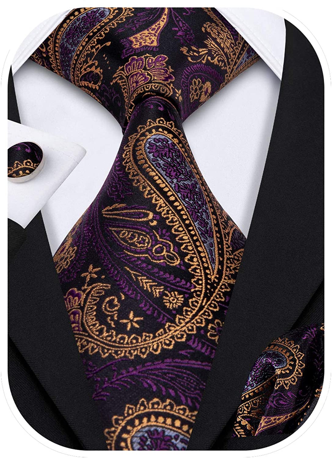 Barry.Wang Men Ties Paisley Woven Silk Necktie Set with Pocket Suqare Cufflinks Formal 