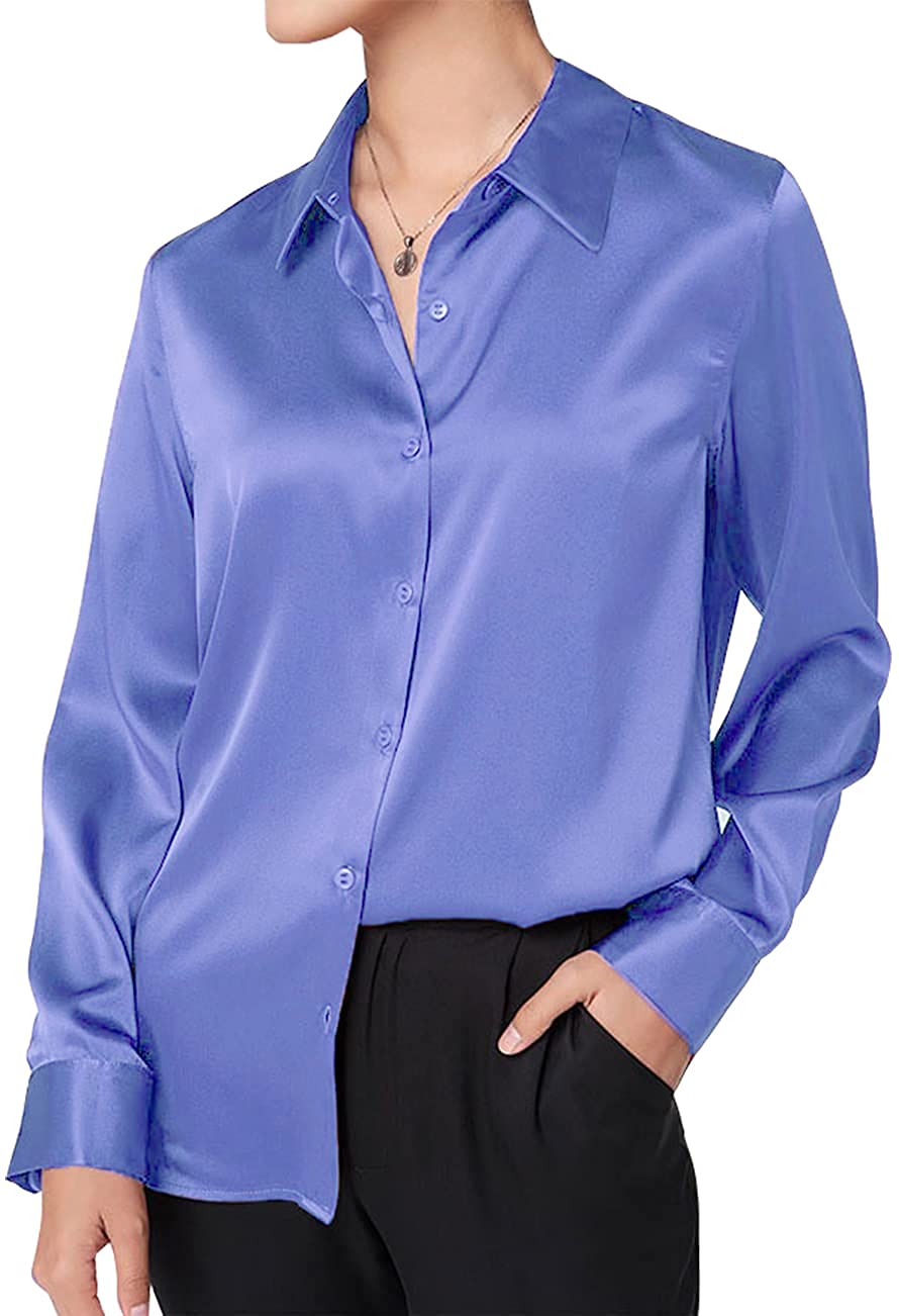 slipintosoft Women's Silk Blouse Long Sleeve Lady Silk Shirt Casual Office Work Blouse Silk Shirt Tops, Navy Blue / L