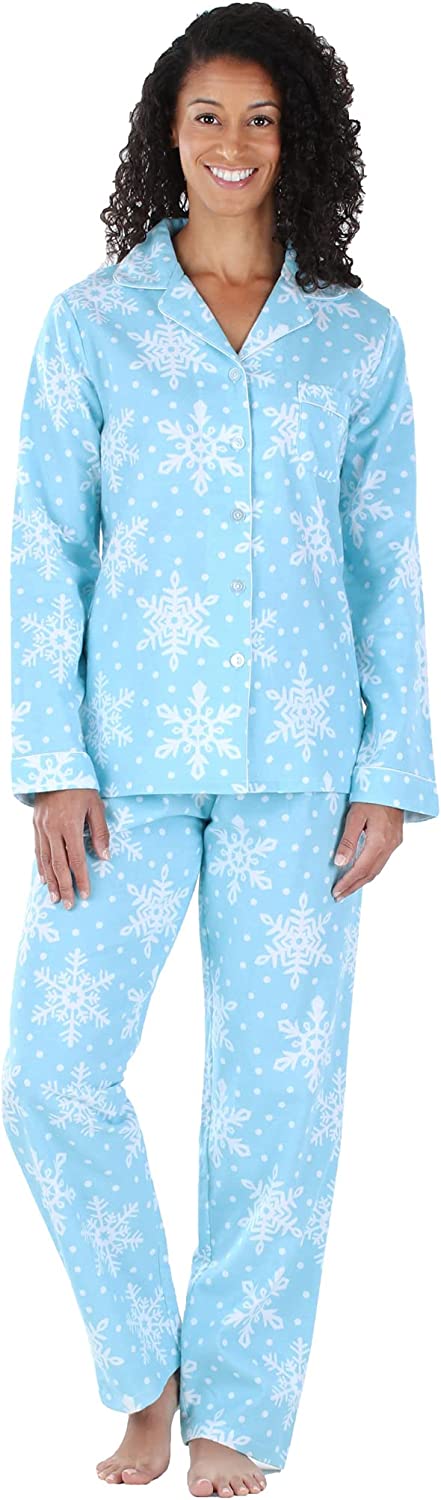 PajamaMania Women's Cotton Flannel Long Sleeve Button-Down Pajamas PJ Set