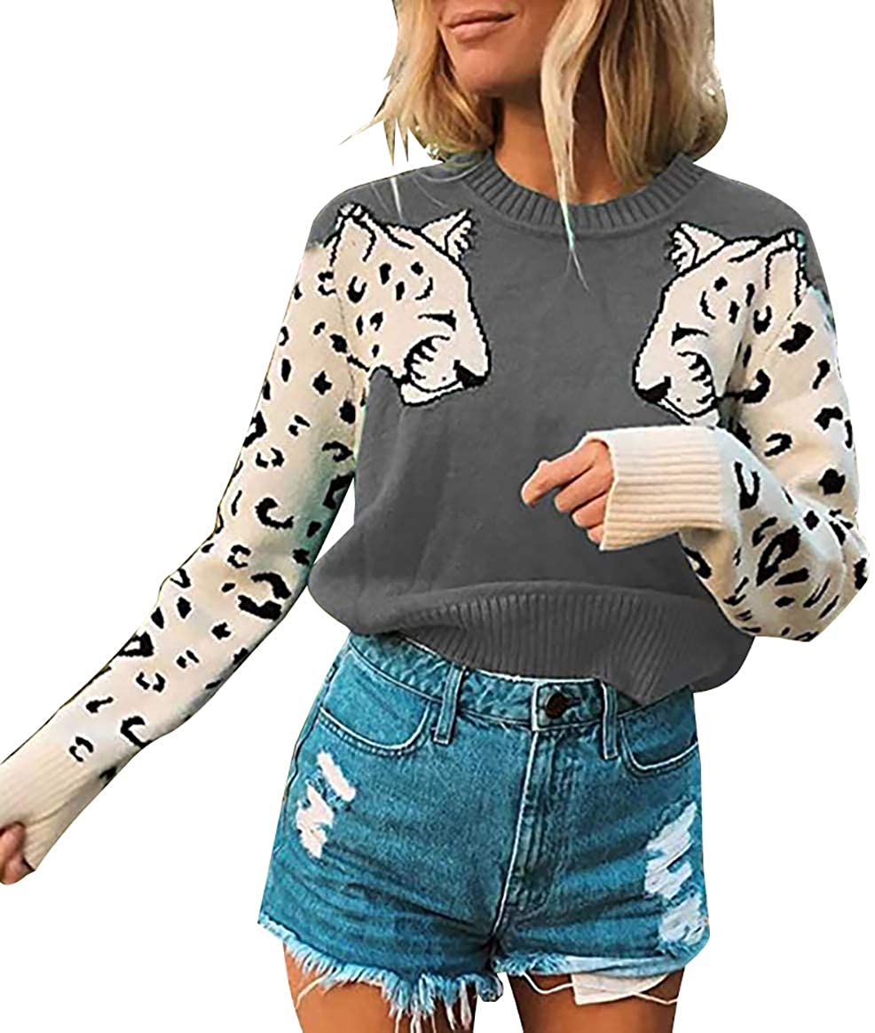 BTFBM Women Leopard Sweaters 2020 Printed Knitted Long Sleeve Crew Neck ...