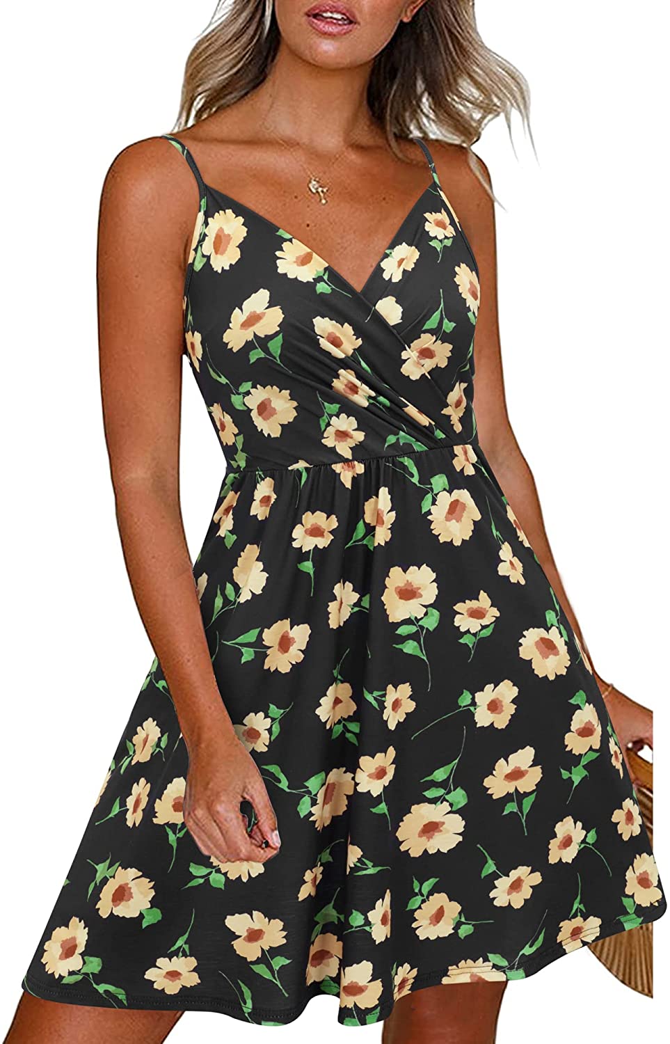 Newshows Women's Summer Dress Floral Spaghetti Strap Sleeveless V