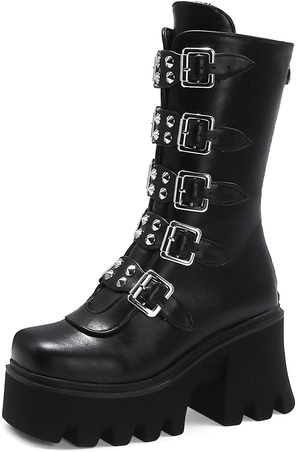 YIYA Women's Studded Mid Calf Combat Boots Black White Goth Platform Boots Round Toe Buckle Chunky Heel Booties 