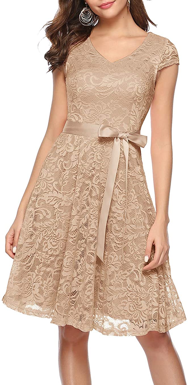 BeryLove Womens Blush Floral Lace Bridesmaid Short Cocktail Party Dress S,M,L 